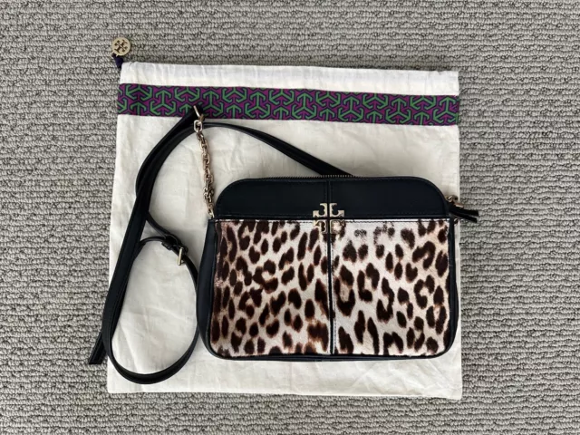Tory Burch Crossbody Bag Women's Leather Black Tan Leopard Purse Handbag