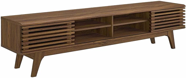 Render 70" Mid-Century Modern Low Profile Media Console TV Stand, 70 Inch, Walnu
