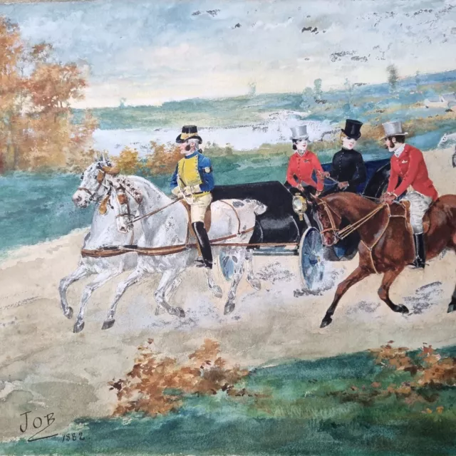 JOB (1858-1931) Aquarelle Originale Signée Datée 1882 Promenade A Cheval Calèche