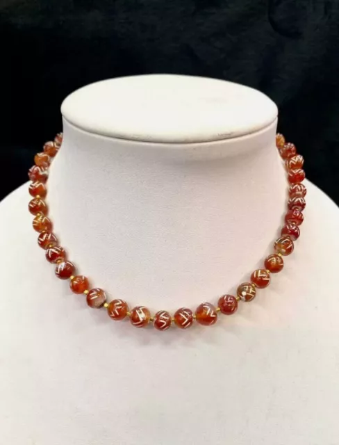 Ancient Etched Carnelian Round Beads Necklace Mala Cira 1000 BCE-200 AD