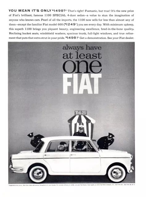 1962 Fiat 1100 Sedan Classic Car Vintage Print Ad Toll Booth Police White 4 Door