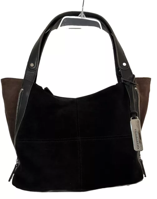 Tignanello Multi Tone Black Brown Suede Purse Shoulder Bag Zipper Accents NWOT