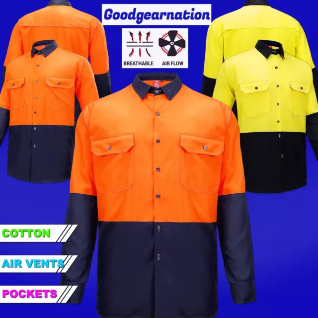 MENS WORK SHIRTS Hi Vis Long Sleeve Orange Yellow Safety Workwear ...
