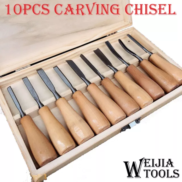 Professional 10 Piece Wood Carving Hand Chisel Tools Woodworking Gouges Kit Set