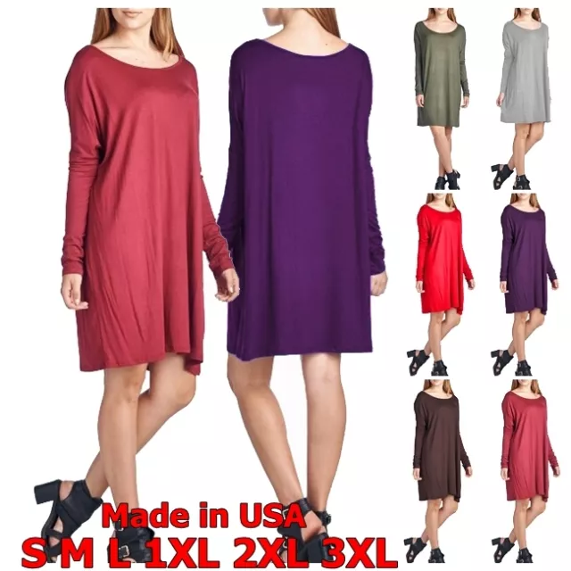 USA Women Piko Style Long Sleeve Dolman Mini Dress Tunic Top T-Shirt S M L Plus