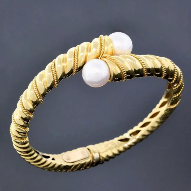 Vintage Tiffany & Co. 18K Yellow Gold Pearl Cable Twist Bypass Bangle Bracelet