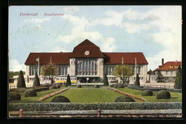 Darmstadt, Partie am Hauptbahnhof, Ansichtskarte 1928