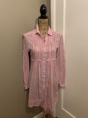 ZARA Women's Pink Striped Button Down Tie Waist Shirt Cotton Dress Size XS