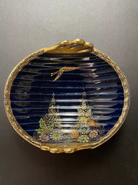 Vintage Art Deco Crown Devon Fieldings Blue & Gold Dish w Flowers  c1930s 3