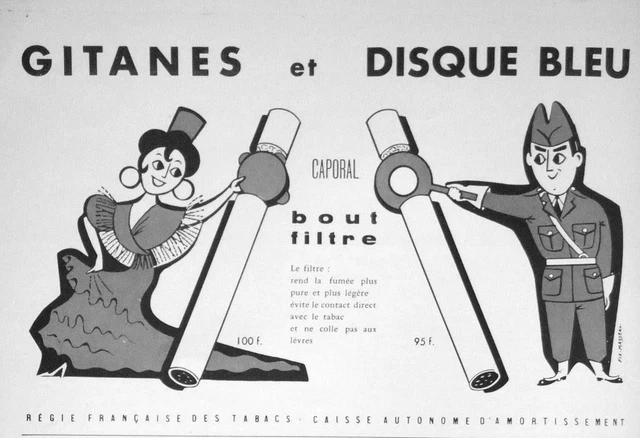 Publicité 1956 Gitanes Et Disque Bleu Caporal Bout Filtre - Dessin Masseau