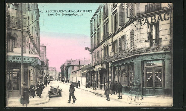 CPA Asnières-Bois-Colombes, Rue des Bourguignons, commerces et des passants