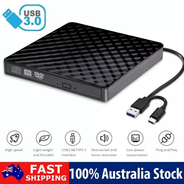 Slim External CD DVD RW Drive USB 3.0 Writer Burner Player Black For Laptop PC