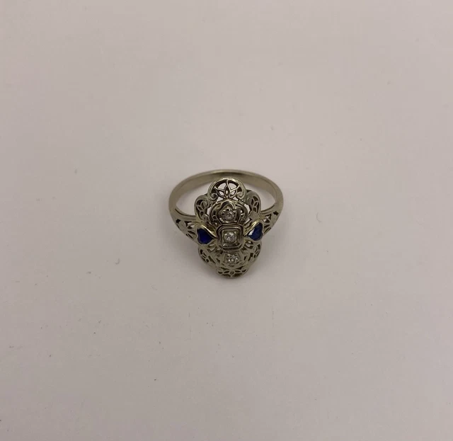 Vintage 14k Victorian Diamond & Heart Shape Sapphire Art Deco 2.6g Ring Size 6.5