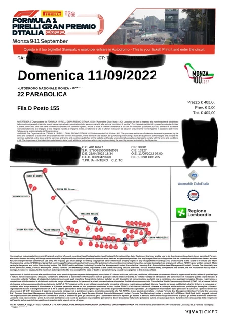 Biglietto Monza F1 2022 Tribuna Parabolica 22