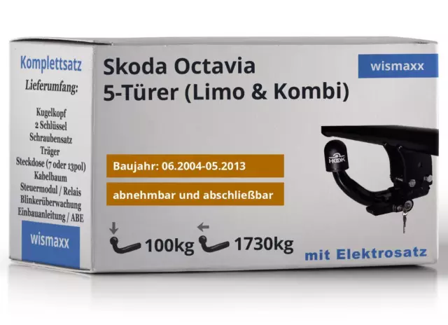 ANHÄNGERKUPPLUNG für Skoda Octavia 04-13 abnehmbar HOOK +13pol E-Satz ECS