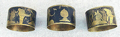 3 Art Deco Egyptian Style enamel Brass Napkin Rings, art craft