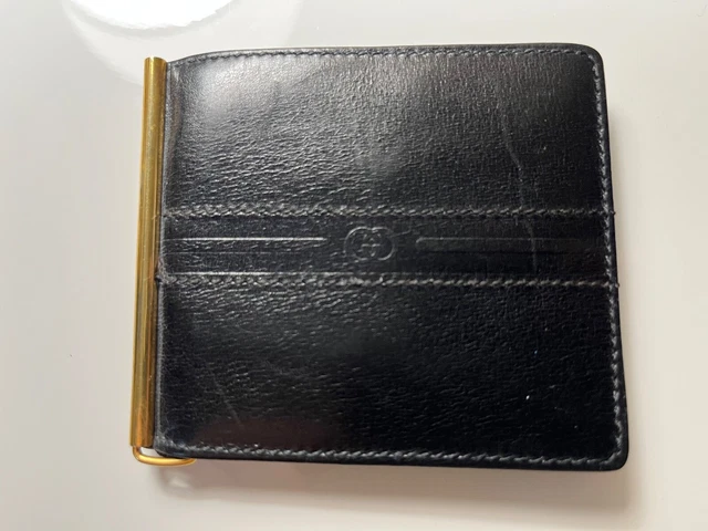 Vintage Gucci Black Leather Wallet Italy Compact Tri Fold Rare Free Shipping