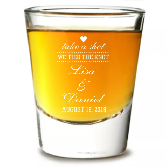 Personalised wedding Shot Glass we tied the knot party drinks toast favours