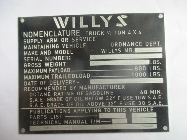 Plaque D'identification Type Jeep M38 - Pièce Vintage - Occasion Bon état