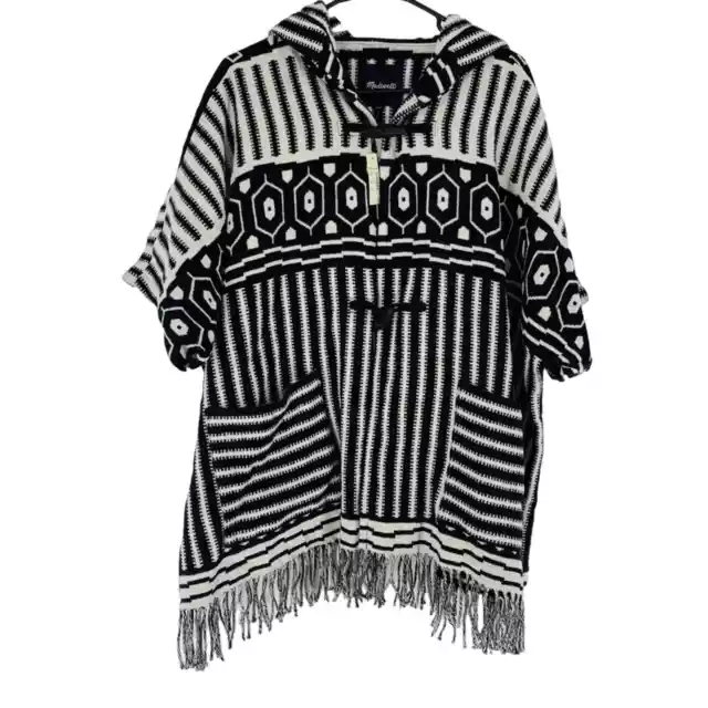 MADEWELL Women's XS/S Wool Geometric Boho Fringe Hooded Kimono Poncho Jacket