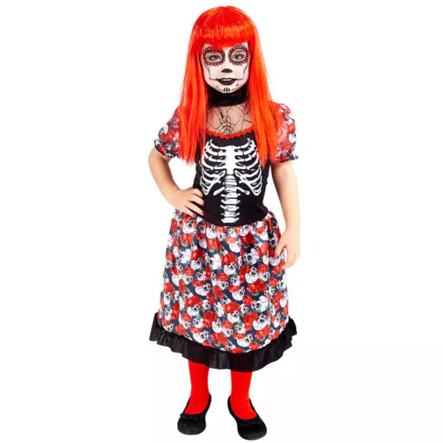 Costume scheletro messicano bambina travestimento la muert carnevale 5-13 anni