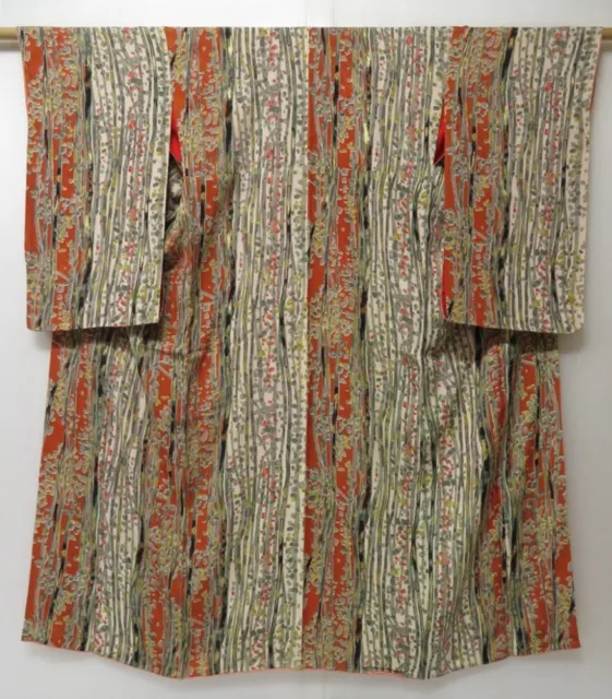 2301T03z660 Vintage Japanese Kimono Silk KOMON Branch Orange-Brown