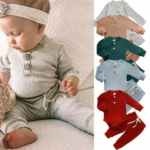 Newborn Baby Boys Girls 2Pcs Cotton Suit Long Sleeve Romper + Pants Outfits Set