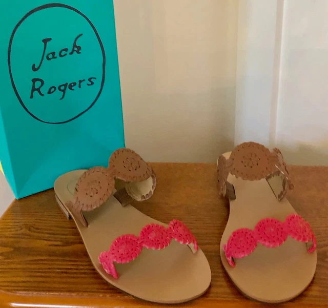 NIB JACK ROGERS NEW $128 Color blocked Lauren Cognac Bright Pink Sandals 8