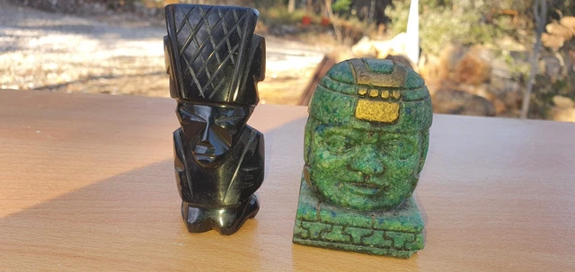 2 Ancienne Statuette Obsidienne Pierre Divinite Azteque Khmer Mexique Cambodge
