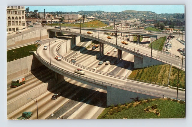 Postcard California Los Angeles CA harbor Freeway Car Aerial 1961 Posted Chrome