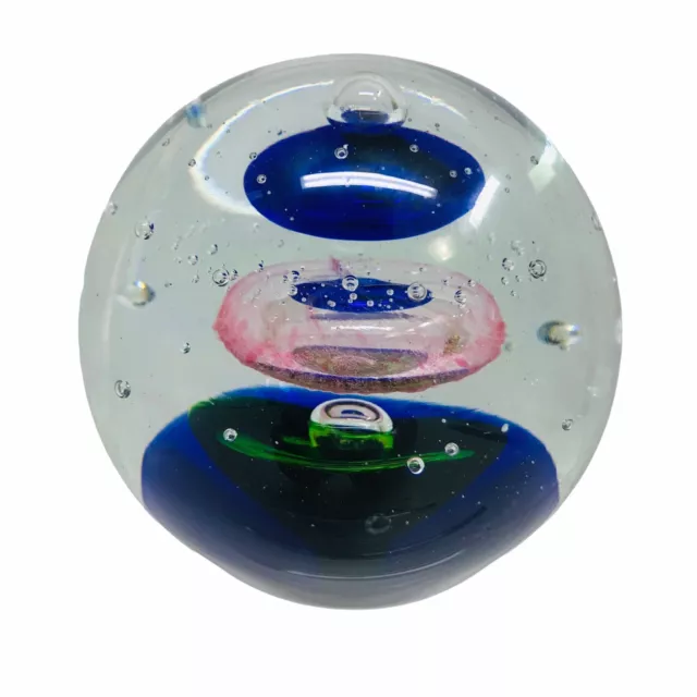 Paperweight  Art Glass Hand Blown Air Trap Bubble Multi Color 3”