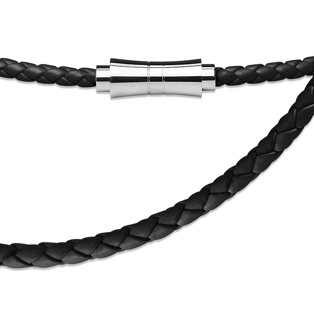 Collar De Cuero Trenzado Para Hombre - Plata Esterlina 925 Cierre Giratorio D 198713