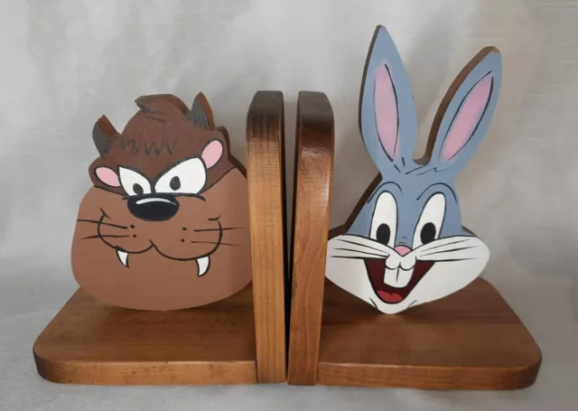 Bugs Bunny Tasmanian Devil Hand Crafted Wooden Book Ends Vintage