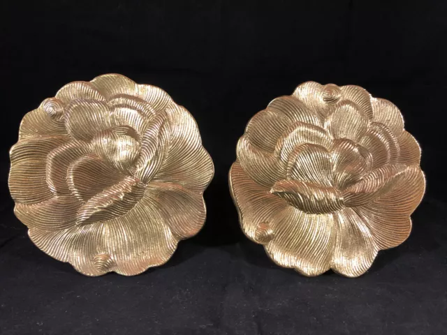 2 Brass Metal Gold Tone Round Flower Wall Mount Drape Curtain Tie Back Post Hook