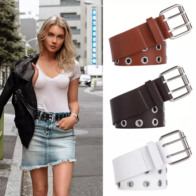 Pin Buckle PU Leather Decorative Belt Double Grommet Belt with Holes Punk Belt
