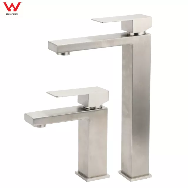 WELS Brushed Nickel Square Tall Basin Mixer Tap Vanity Sink Faucet Spout Counter