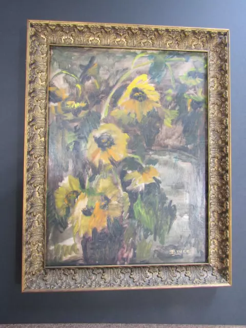 oil Painting Mid Century Modern Expressionist Night Sunflowers Abstract Signed