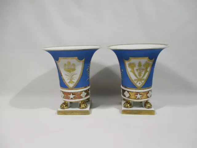 Ancienne Paire Vase Cornet Epoque Empire Porcelaine De Paris Decor Or Fin