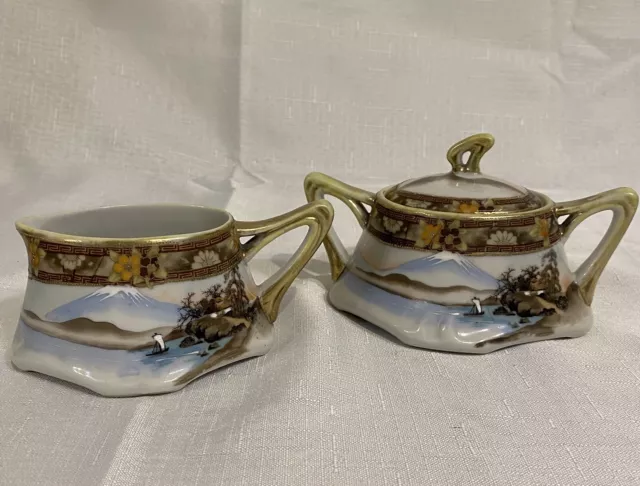 Japan Nippon Nagoya Porcelain Tea Set Hand Painted Both sides Landscape