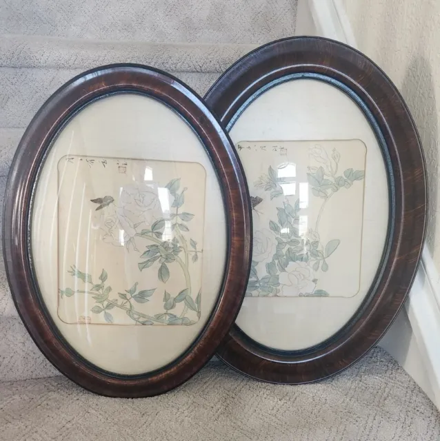 Pair Antique Vintage Convex Glass Wood Oval Frames Chinoiserie Paintings On Silk