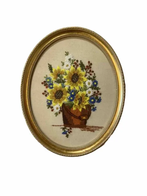 Vtg MCM Crewel Embroidery Art Flowers Hand Stitched Grannycore Oval Framed