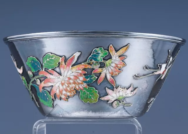 Extremely Rare Chinese Silver & Cloisonne Enamel Floral Cranes Bowl By Wang Hing