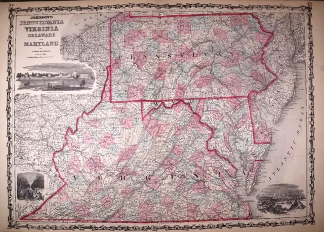 1862 Map ~ PENNSYLVANIA - VIRGINIA ~ Authentic Johnson Atlas Map (18x26) #008