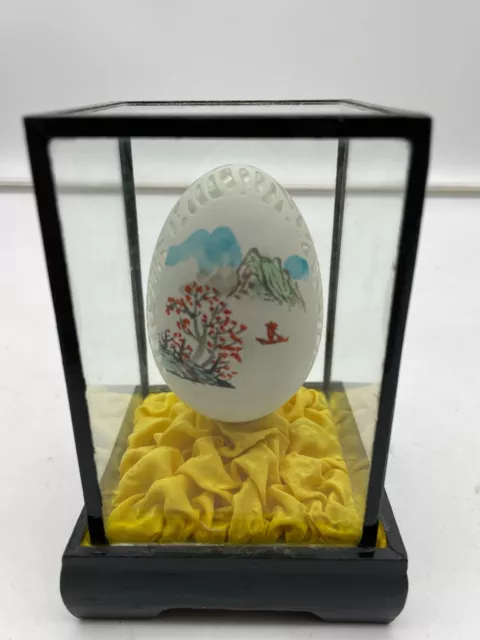 Vintage Chinese Oriental Asian Scene Hand Painted Carved Egg In Glass Case.