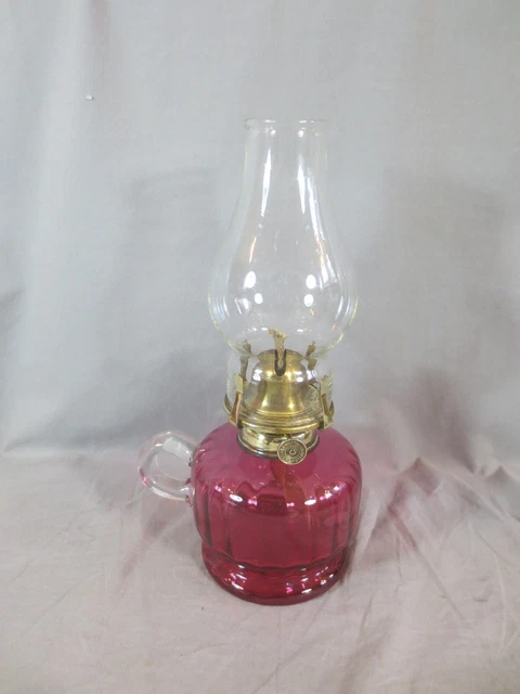 Antique  Brass And Cranberry Glass  Finger Oil Lamp & Chimney