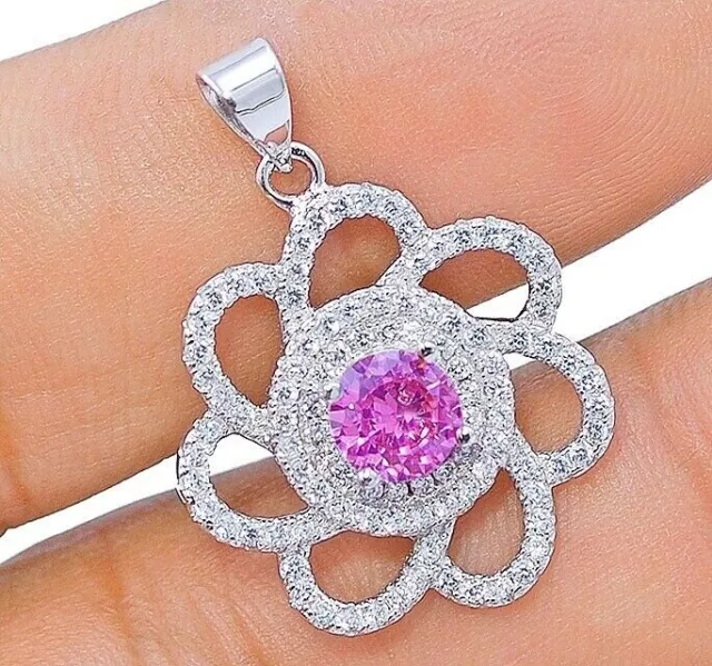 2CT Pink Sapphire & White Topaz 925 Sterling Silver Pendant Jewelry YB2-1