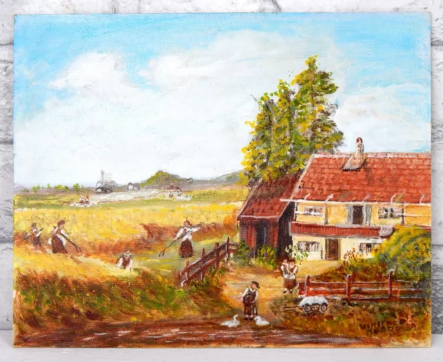 Vintage Oil Painting on Board Rural Farm Scene Farming Farmhouse Signed