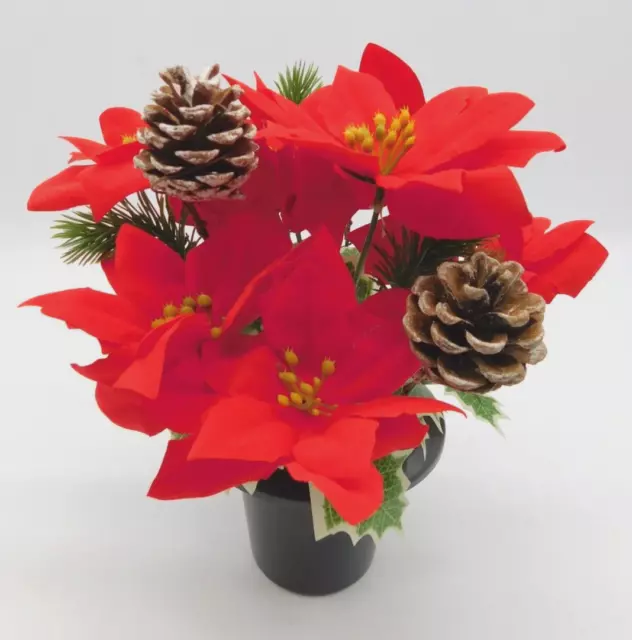 Christmas Red Poinsettia And Snow Cones Grave Pot