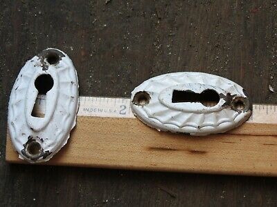Antique small pair set 2 skeleton key door cover door escutcheon plate hardware 3