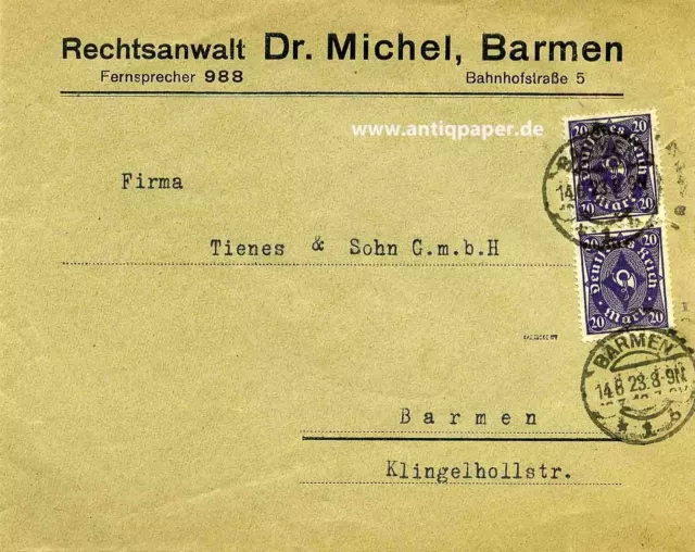 Firmenbrief MeF Infla Rechtsanwalt Dr. Michel Barmen an Fa. Tienes & Sohn 1923